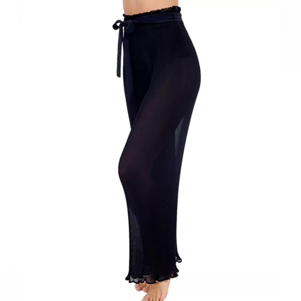 Profile By Gottex Size Large Black Sheer Lettuce Hem Belted Pants Beach Cover Up